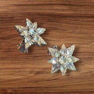 Vintage Weiss Crystal Rhinestone Starburst star Clip On Earrings Estate